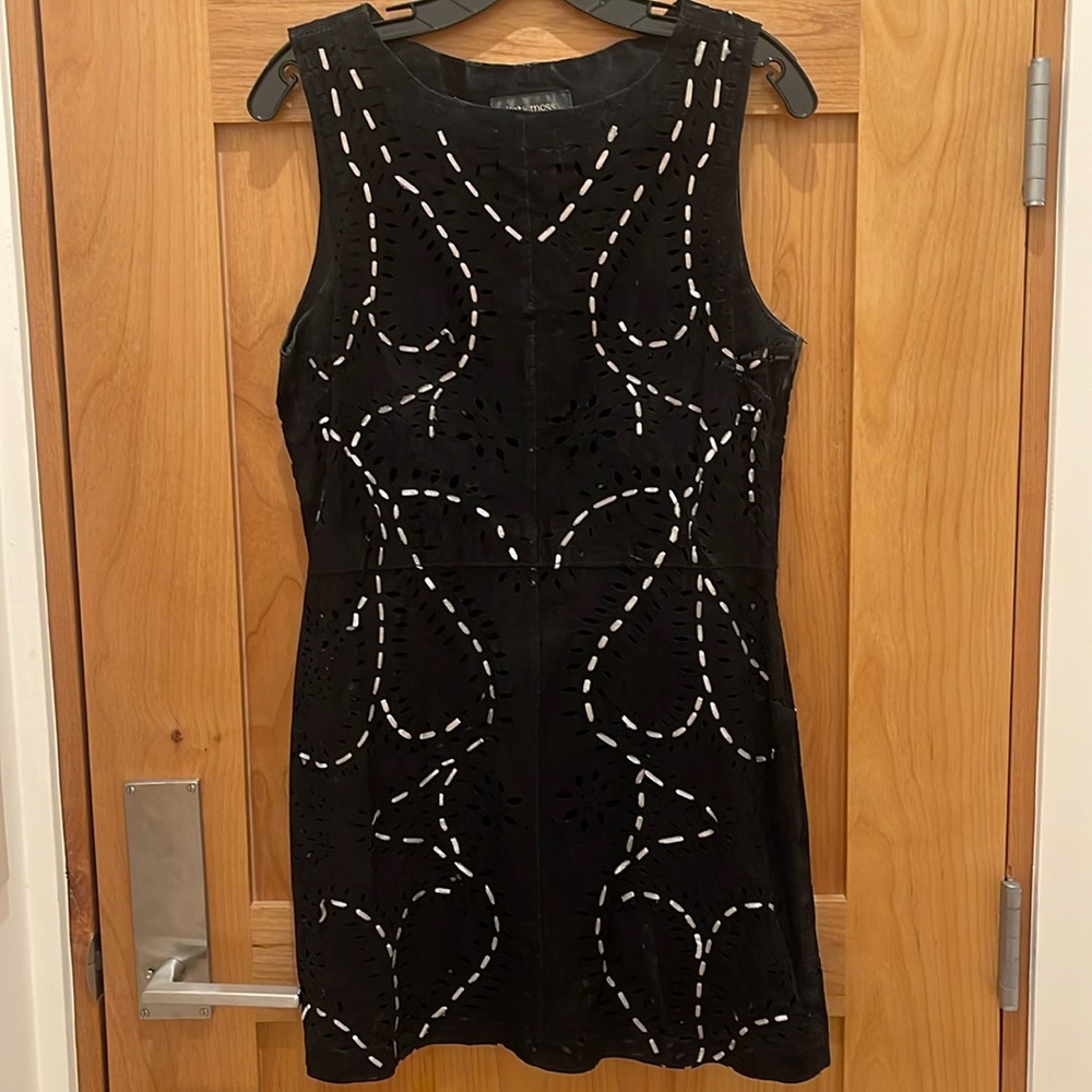 Kate Moss black suede dress with perforations and silver leather strapping